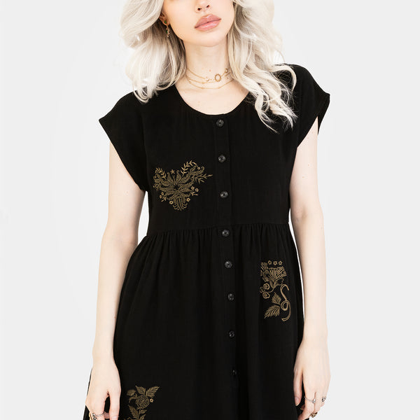 Foliate Linen-Blend Embroidered Button Up Mini Dress - Black