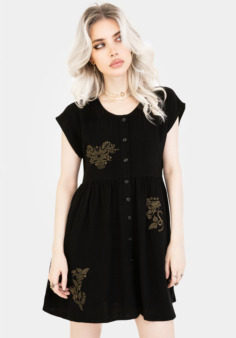 Foliate Linen-Blend Embroidered Button Up Mini Dress - Black | Disturbia - Shop Women's Gothic, Alternative & Dark Romantic Fashion, Accessories & Homeware Foliate Linen-Blend Embroidered Button Up Mini Dress - Black | Disturbia - Shop Women's Gothic, Alternative & Dark Romantic Fashion, Accessories & Homeware