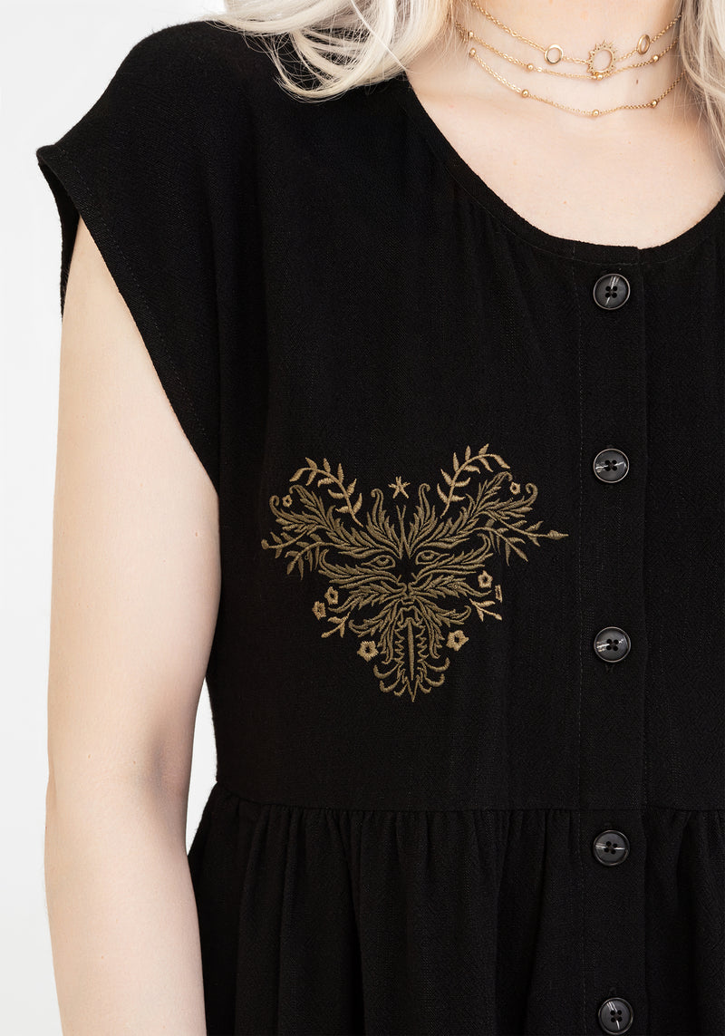 Foliate Linen-Blend Embroidered Button Up Mini Dress - Black | Disturbia - Shop Women's Gothic, Alternative & Dark Romantic Fashion, Accessories & Homeware Foliate Linen-Blend Embroidered Button Up Mini Dress - Black | Disturbia - Shop Women's Gothic, Alternative & Dark Romantic Fashion, Accessories & Homeware