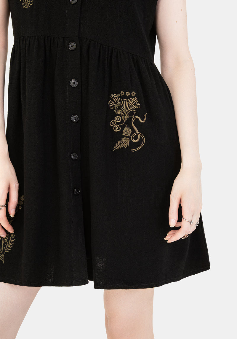 Foliate Linen-Blend Embroidered Button Up Mini Dress - Black | Disturbia - Shop Women's Gothic, Alternative & Dark Romantic Fashion, Accessories & Homeware Foliate Linen-Blend Embroidered Button Up Mini Dress - Black | Disturbia - Shop Women's Gothic, Alternative & Dark Romantic Fashion, Accessories & Homeware