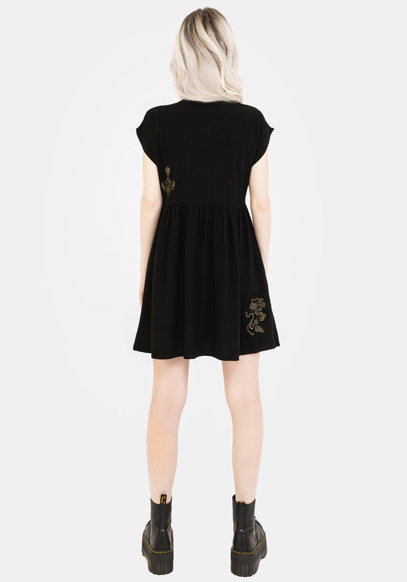 Foliate Linen-Blend Embroidered Button Up Mini Dress - Black | Disturbia - Shop Women's Gothic, Alternative & Dark Romantic Fashion, Accessories & Homeware Foliate Linen-Blend Embroidered Button Up Mini Dress - Black | Disturbia - Shop Women's Gothic, Alternative & Dark Romantic Fashion, Accessories & Homeware