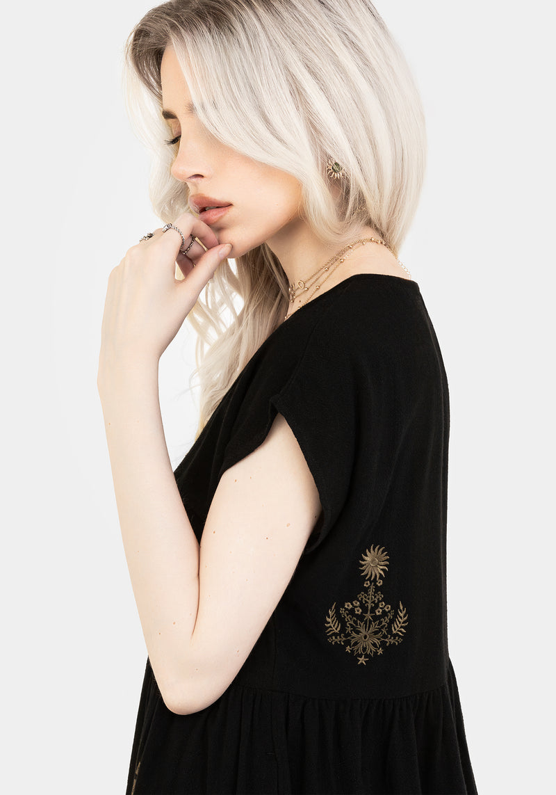 Foliate Linen-Blend Embroidered Button Up Mini Dress - Black | Disturbia - Shop Women's Gothic, Alternative & Dark Romantic Fashion, Accessories & Homeware Foliate Linen-Blend Embroidered Button Up Mini Dress - Black | Disturbia - Shop Women's Gothic, Alternative & Dark Romantic Fashion, Accessories & Homeware