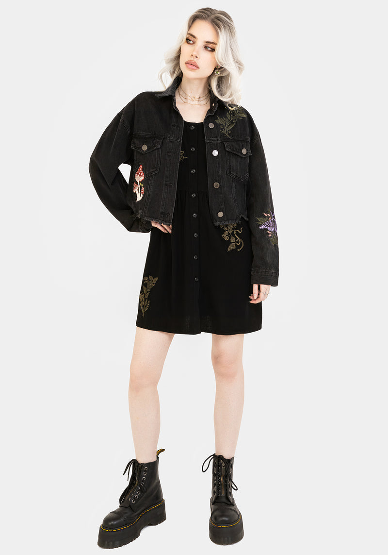 Foliate Linen-Blend Embroidered Button Up Mini Dress - Black | Disturbia - Shop Women's Gothic, Alternative & Dark Romantic Fashion, Accessories & Homeware Foliate Linen-Blend Embroidered Button Up Mini Dress - Black | Disturbia - Shop Women's Gothic, Alternative & Dark Romantic Fashion, Accessories & Homeware