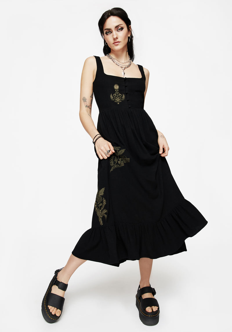 Foliate Linen-Blend Embroidered Sleeveless Midi Dress - Black | Disturbia - Shop Women's Gothic, Alternative & Dark Romantic Fashion, Accessories & Homeware Foliate Linen-Blend Embroidered Sleeveless Midi Dress - Black | Disturbia - Shop Women's Gothic, Alternative & Dark Romantic Fashion, Accessories & Homeware