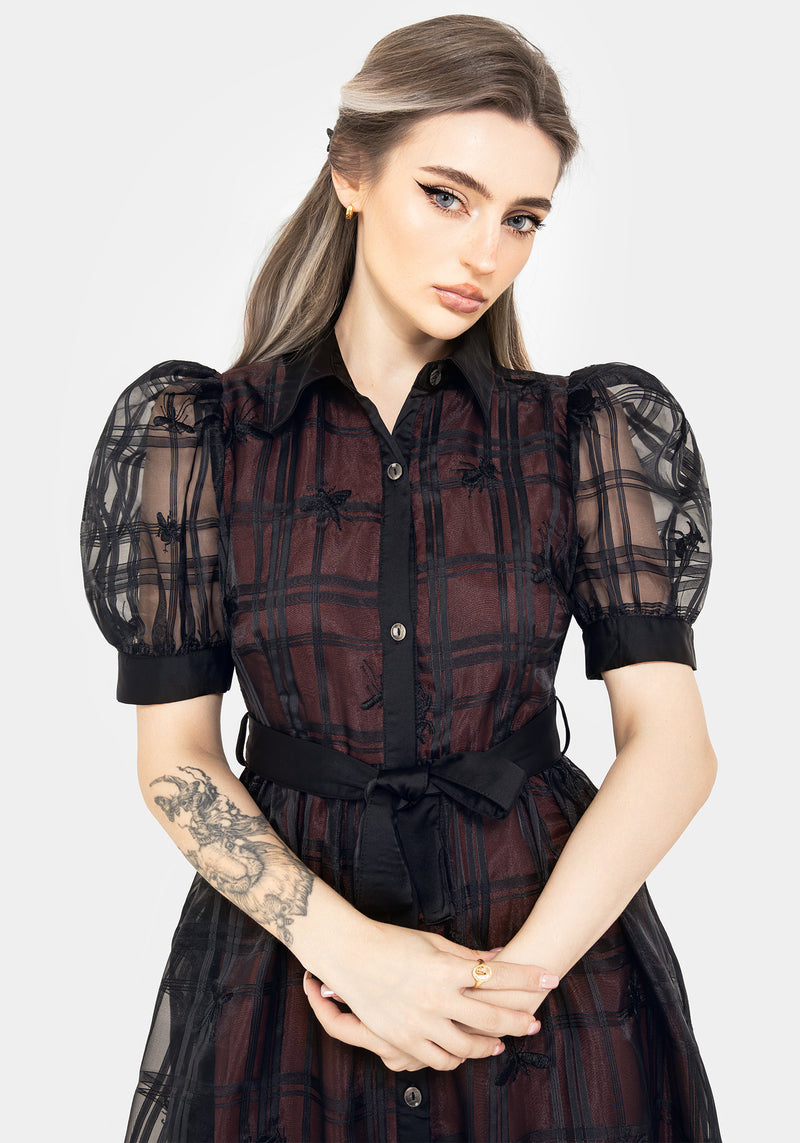 Sedona Organza Check Embroidered Puff Sleeve Midi Shirt Dress | Disturbia - Shop Women's Gothic, Alternative & Dark Romantic Fashion, Accessories & Homeware Sedona Organza Check Embroidered Puff Sleeve Midi Shirt Dress | Disturbia - Shop Women's Gothic, Alternative & Dark Romantic Fashion, Accessories & Homeware