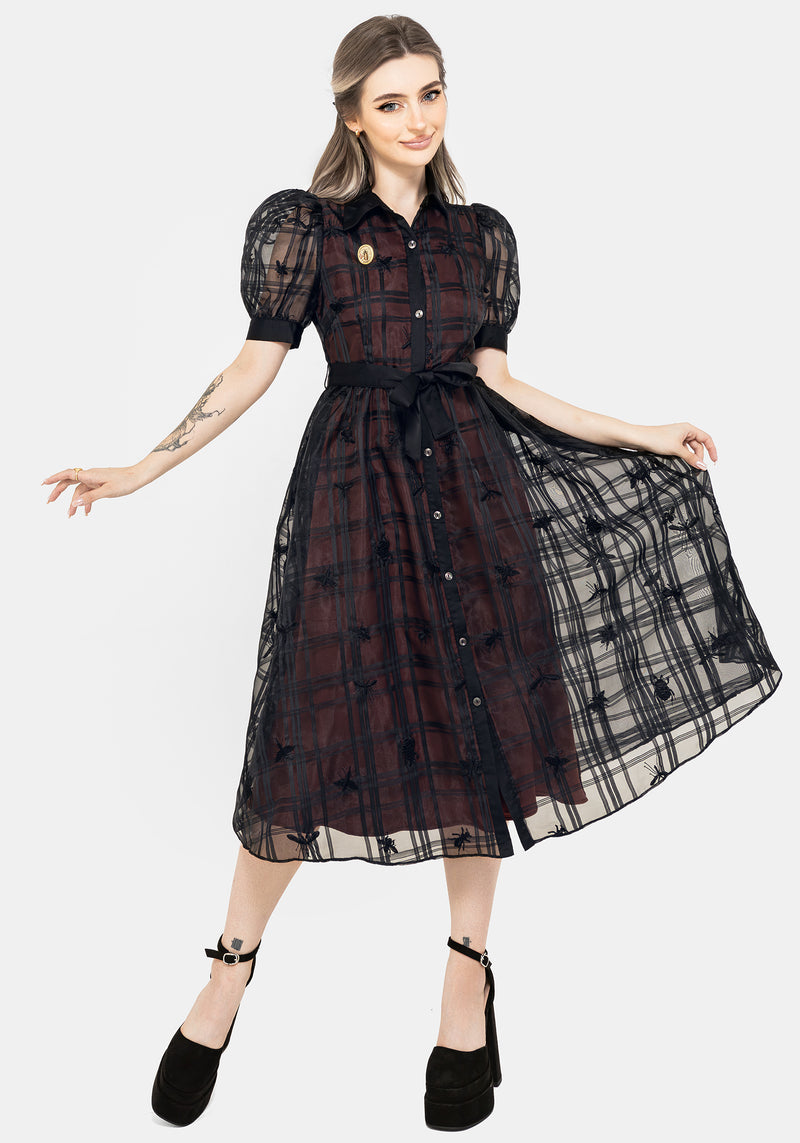 Sedona Organza Check Embroidered Puff Sleeve Midi Shirt Dress | Disturbia - Shop Women's Gothic, Alternative & Dark Romantic Fashion, Accessories & Homeware Sedona Organza Check Embroidered Puff Sleeve Midi Shirt Dress | Disturbia - Shop Women's Gothic, Alternative & Dark Romantic Fashion, Accessories & Homeware