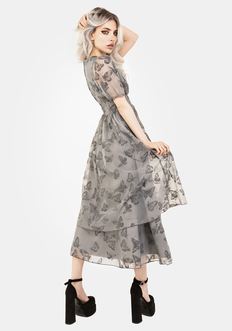 Vanessa Butterfly Print Organza Puff Sleeve Midaxi Dress | Disturbia