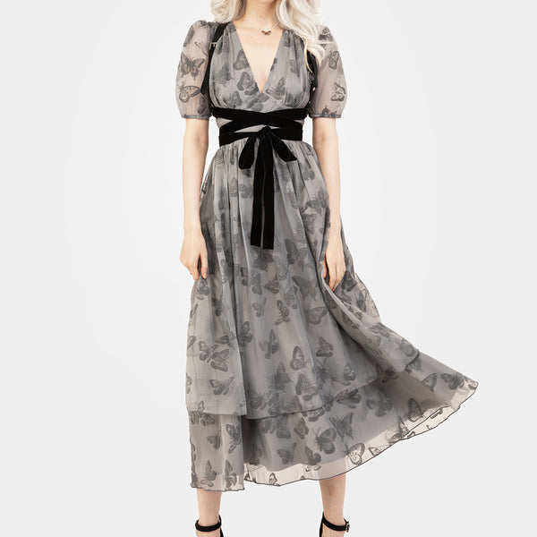 knee length dresses for ladies Vanessa Butterfly Print Organza Puff Sleeve Midaxi Dress | Disturbia