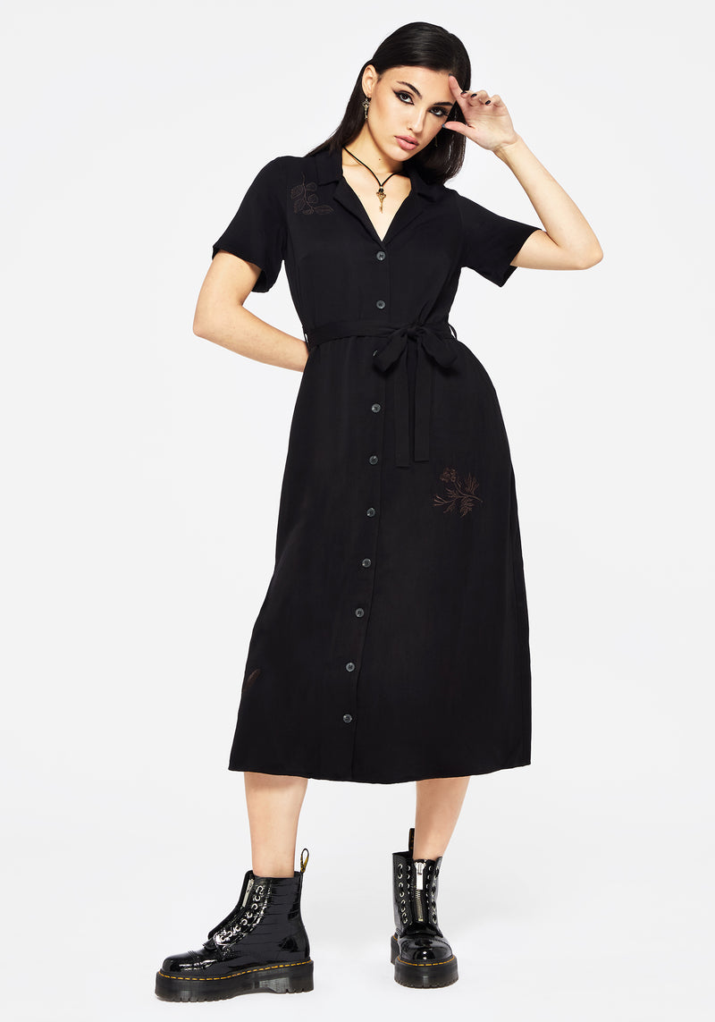 Fairfolk Floral Embroidery Tie Waist Button Down Midi Shirt Dress | Disturbia - Shop Women's Gothic, Alternative & Dark Romantic Fashion, Accessories & Homeware Fairfolk Floral Embroidery Tie Waist Button Down Midi Shirt Dress | Disturbia - Shop Women's Gothic, Alternative & Dark Romantic Fashion, Accessories & Homeware