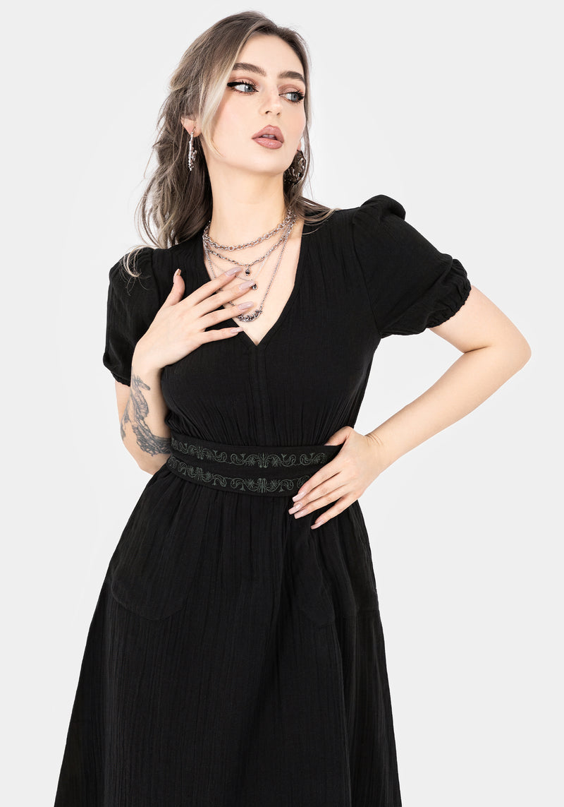 Poultice Embroidered Cotton Midi Dress - Black | Disturbia - Shop Women's Gothic, Alternative & Dark Romantic Fashion, Accessories & Homeware Poultice Embroidered Cotton Midi Dress - Black | Disturbia - Shop Women's Gothic, Alternative & Dark Romantic Fashion, Accessories & Homeware