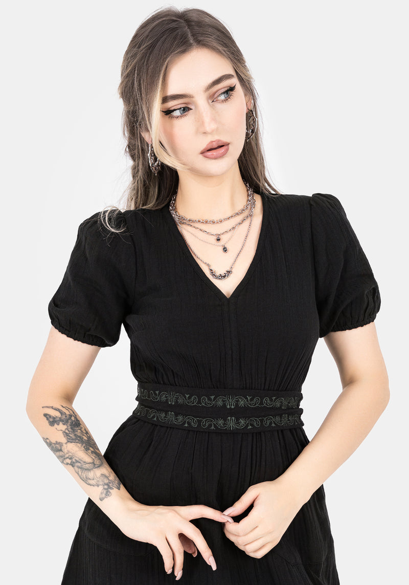 Poultice Embroidered Cotton Midi Dress - Black | Disturbia - Shop Women's Gothic, Alternative & Dark Romantic Fashion, Accessories & Homeware Poultice Embroidered Cotton Midi Dress - Black | Disturbia - Shop Women's Gothic, Alternative & Dark Romantic Fashion, Accessories & Homeware