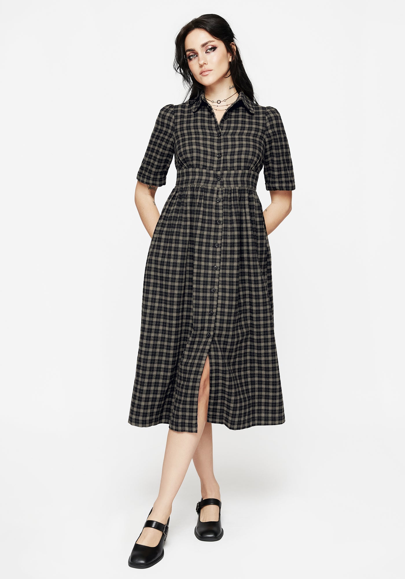 Terra Midi Smock Shirt Dress - Olive | Disturbia