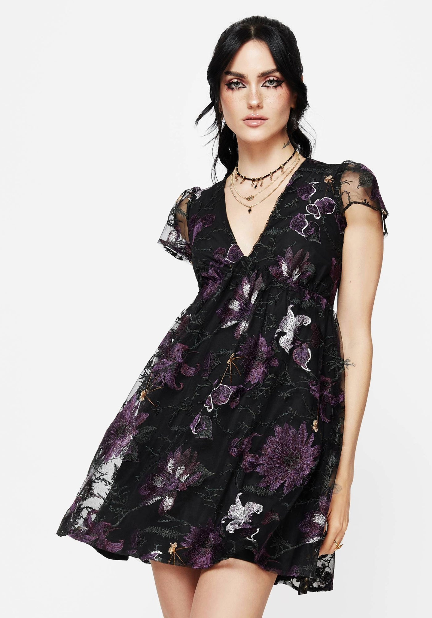 knee length dresses for ladies Black Floral Flute Sleeve Bella Mini Dress