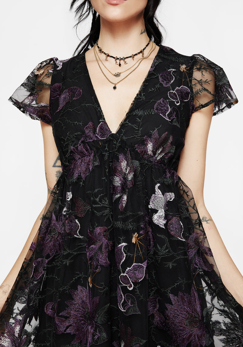 Estrid Embroidered Mesh Flute Sleeve Mini Dress | Disturbia - Shop Women's Gothic, Alternative & Dark Romantic Fashion, Accessories & Homeware Estrid Embroidered Mesh Flute Sleeve Mini Dress | Disturbia - Shop Women's Gothic, Alternative & Dark Romantic Fashion, Accessories & Homeware
