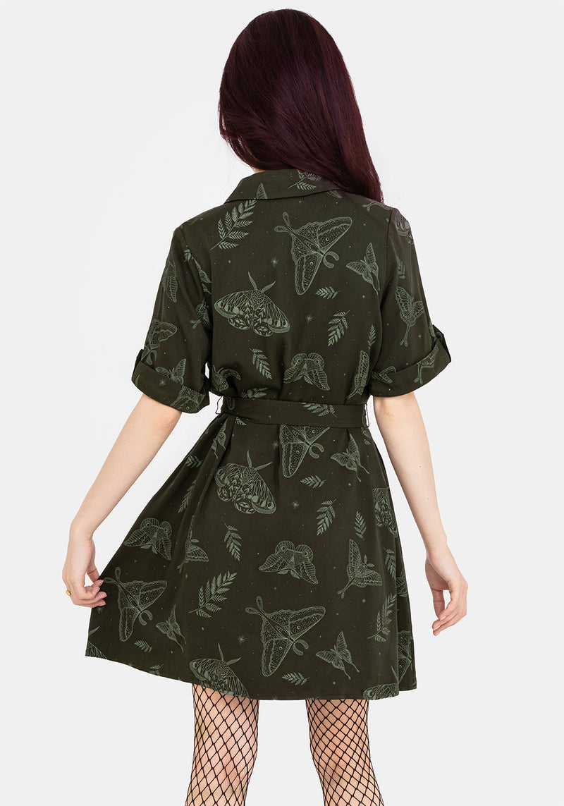 Callopistria Moth Print Mini Shirt Dress - Green Callopistria Moth Print Mini Shirt Dress - Green