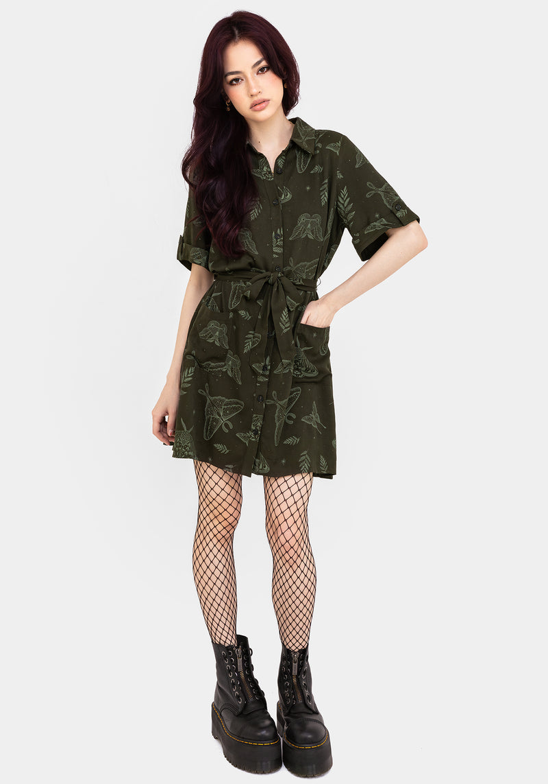 Callopistria Moth Print Mini Shirt Dress - Green | Disturbia - Shop Women's Gothic, Alternative & Dark Romantic Fashion, Accessories & Homeware Callopistria Moth Print Mini Shirt Dress - Green | Disturbia - Shop Women's Gothic, Alternative & Dark Romantic Fashion, Accessories & Homeware