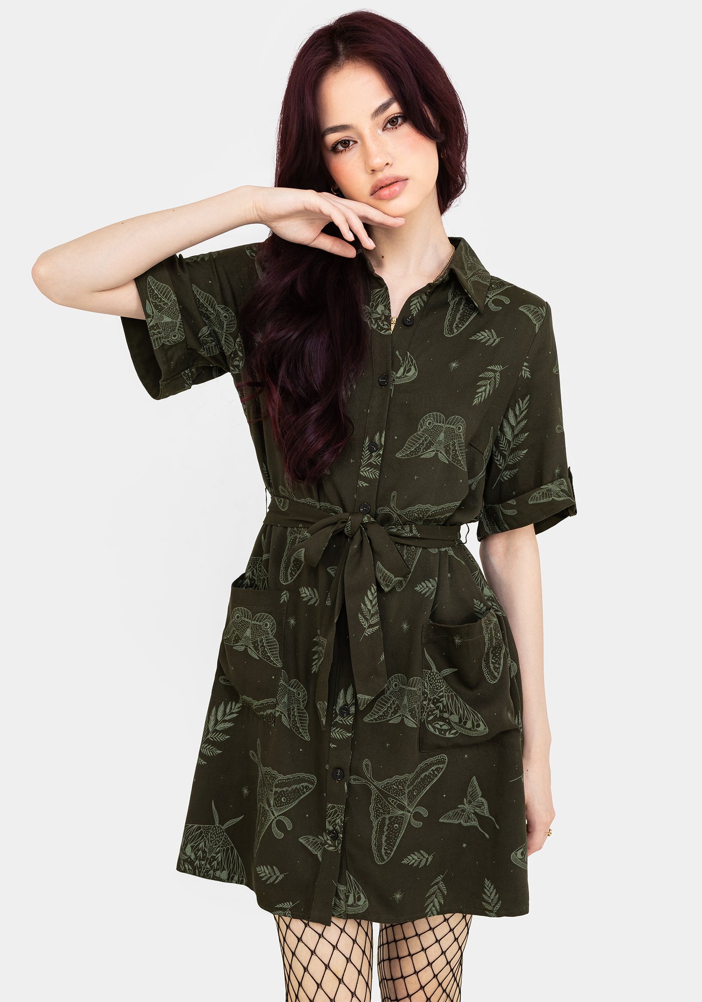 Callopistria Moth Print Mini Shirt Dress - Green | Disturbia