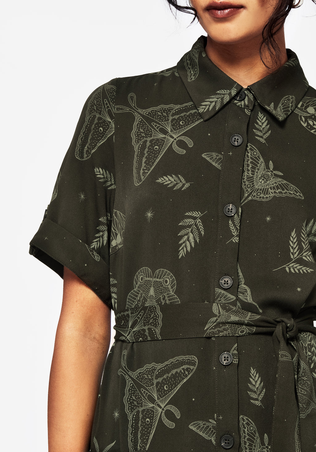Callopistria Moth Print Midi Shirt Dress - Green | Disturbia - Shop Women's Gothic, Alternative & Dark Romantic Fashion, Accessories & Homeware Callopistria Moth Print Midi Shirt Dress - Green | Disturbia - Shop Women's Gothic, Alternative & Dark Romantic Fashion, Accessories & Homeware
