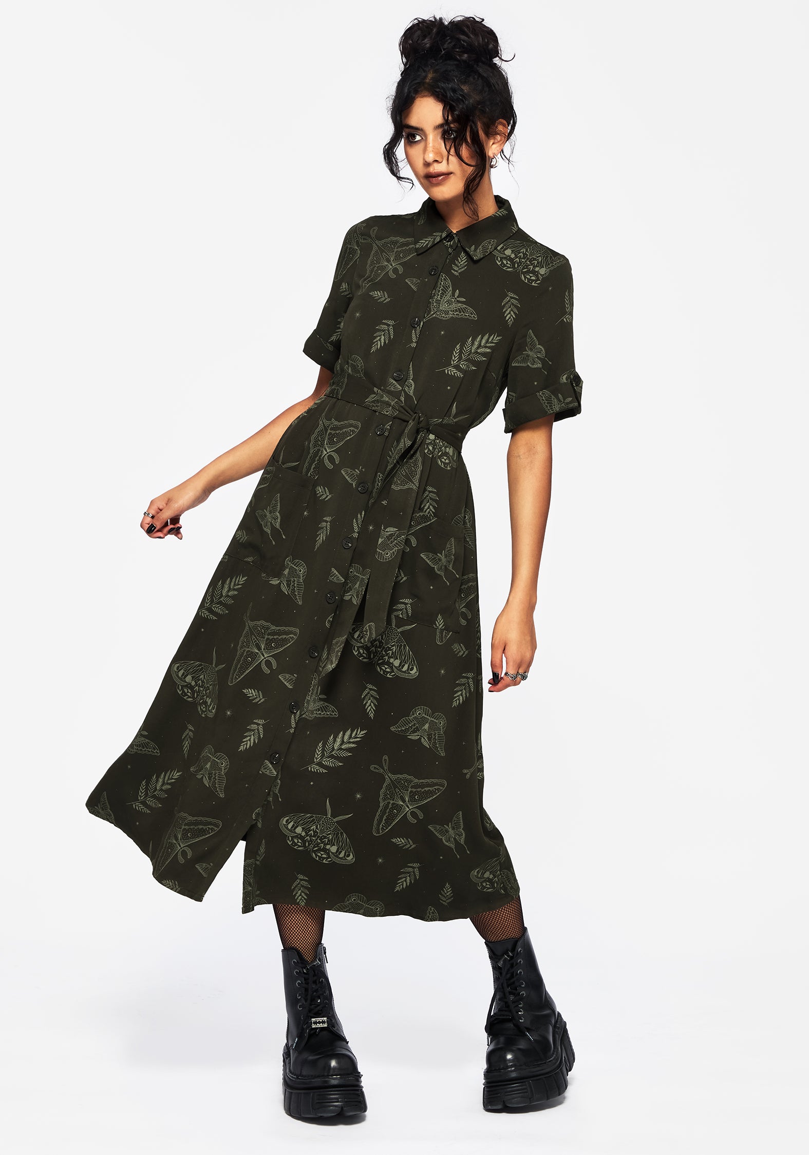 green and black shirt dress Marcia Jersey Shirt Dress-Hunter Green, Painted Dot