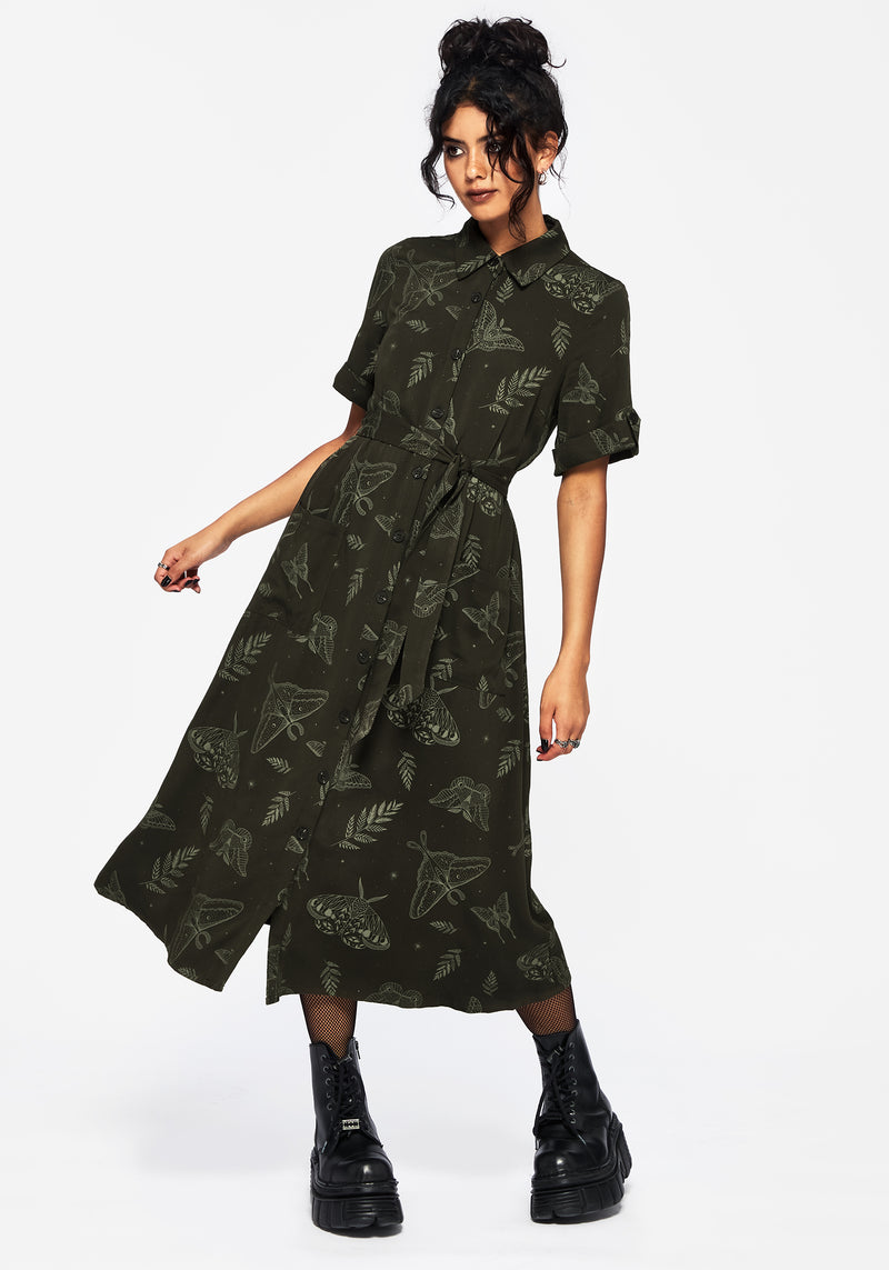 Callopistria Moth Print Midi Shirt Dress - Green Callopistria Moth Print Midi Shirt Dress - Green