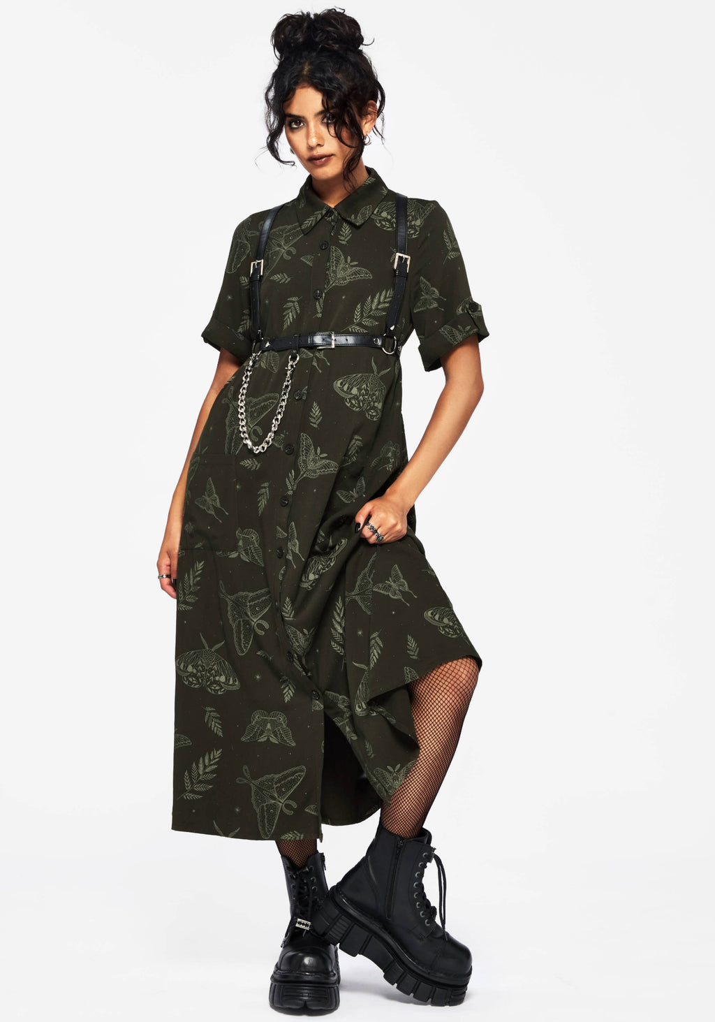 Callopistria Moth Print Midi Shirt Dress - Green | Disturbia - Shop Women's Gothic, Alternative & Dark Romantic Fashion, Accessories & Homeware Callopistria Moth Print Midi Shirt Dress - Green | Disturbia - Shop Women's Gothic, Alternative & Dark Romantic Fashion, Accessories & Homeware