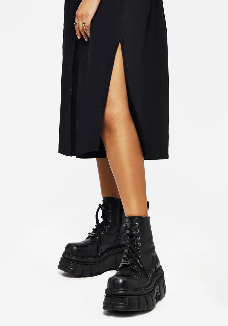 Finis Cotton Button Up Midi Shirt Dress | Disturbia - Shop Women's Gothic, Alternative & Dark Romantic Fashion, Accessories & Homeware Finis Cotton Button Up Midi Shirt Dress | Disturbia - Shop Women's Gothic, Alternative & Dark Romantic Fashion, Accessories & Homeware