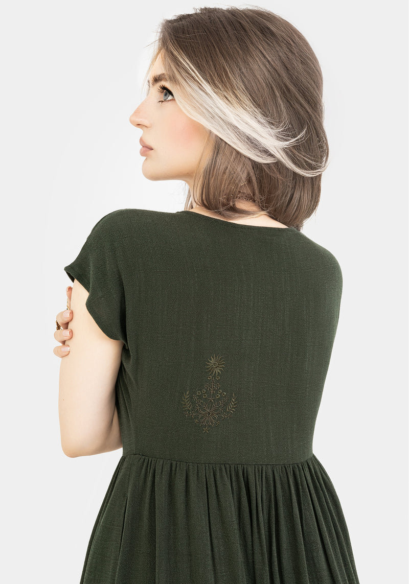 Foliate Linen-Blend Embroidered Button Up Midi Dress - Green Foliate Linen-Blend Embroidered Button Up Midi Dress - Green