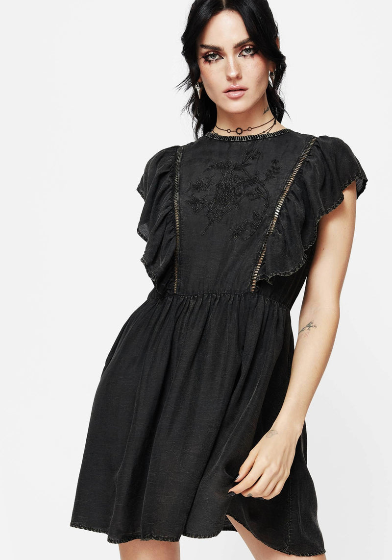 Eartha Cotton Embroidered Frill Detail Mini Dress