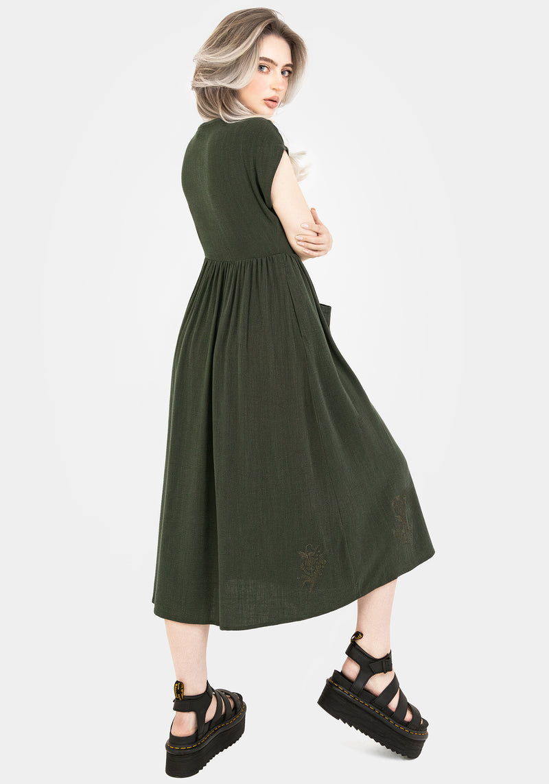 Foliate Linen-Blend Embroidered Button Up Midi Dress - Green | Disturbia - Shop Women's Gothic, Alternative & Dark Romantic Fashion, Accessories & Homeware Foliate Linen-Blend Embroidered Button Up Midi Dress - Green | Disturbia - Shop Women's Gothic, Alternative & Dark Romantic Fashion, Accessories & Homeware