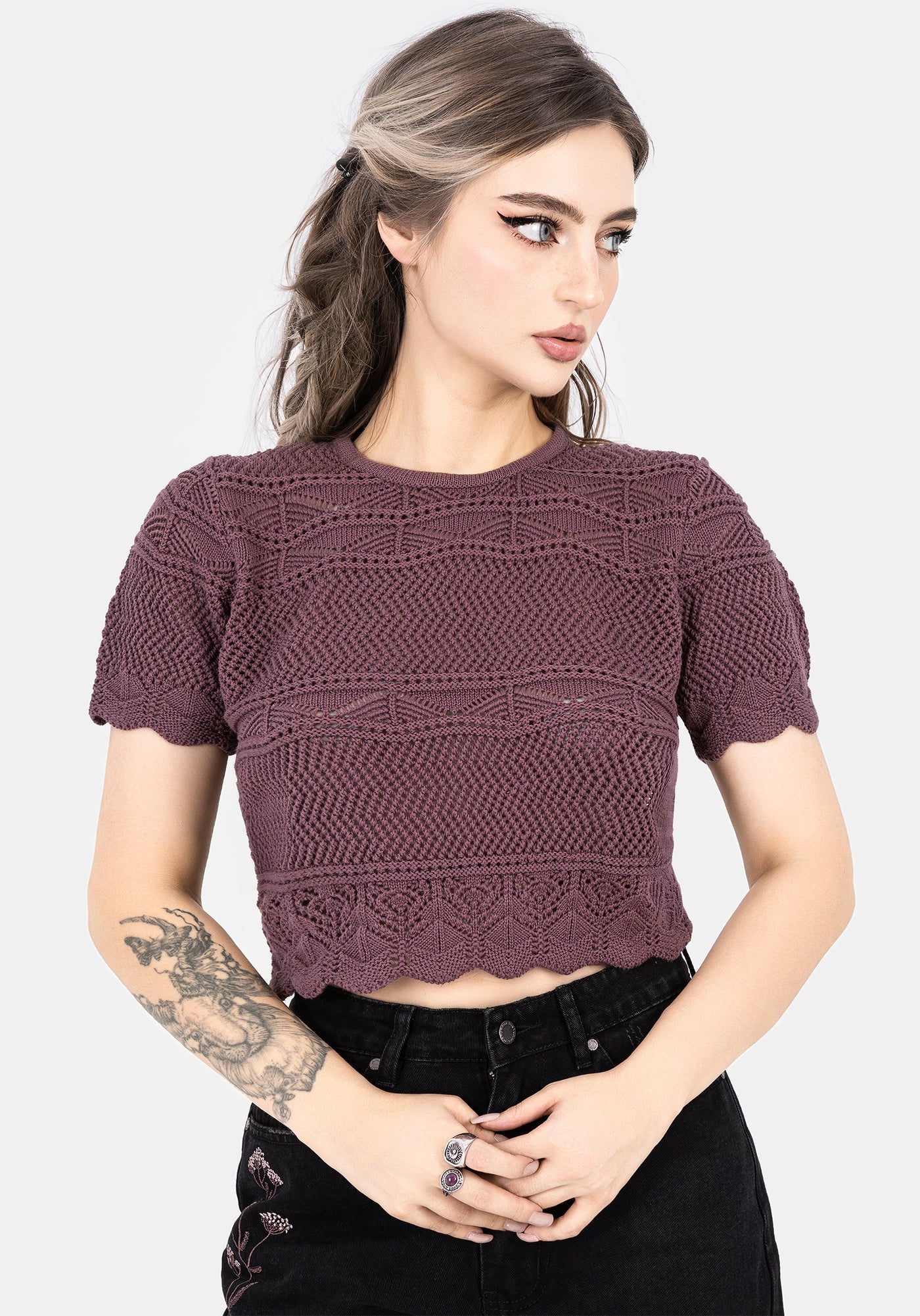 Hooked Pointelle Short Sleeve Crop Top - Purple | Disturbia - Shop