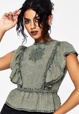 Eartha Embroidered Cotton Frill Detail Peplum Top