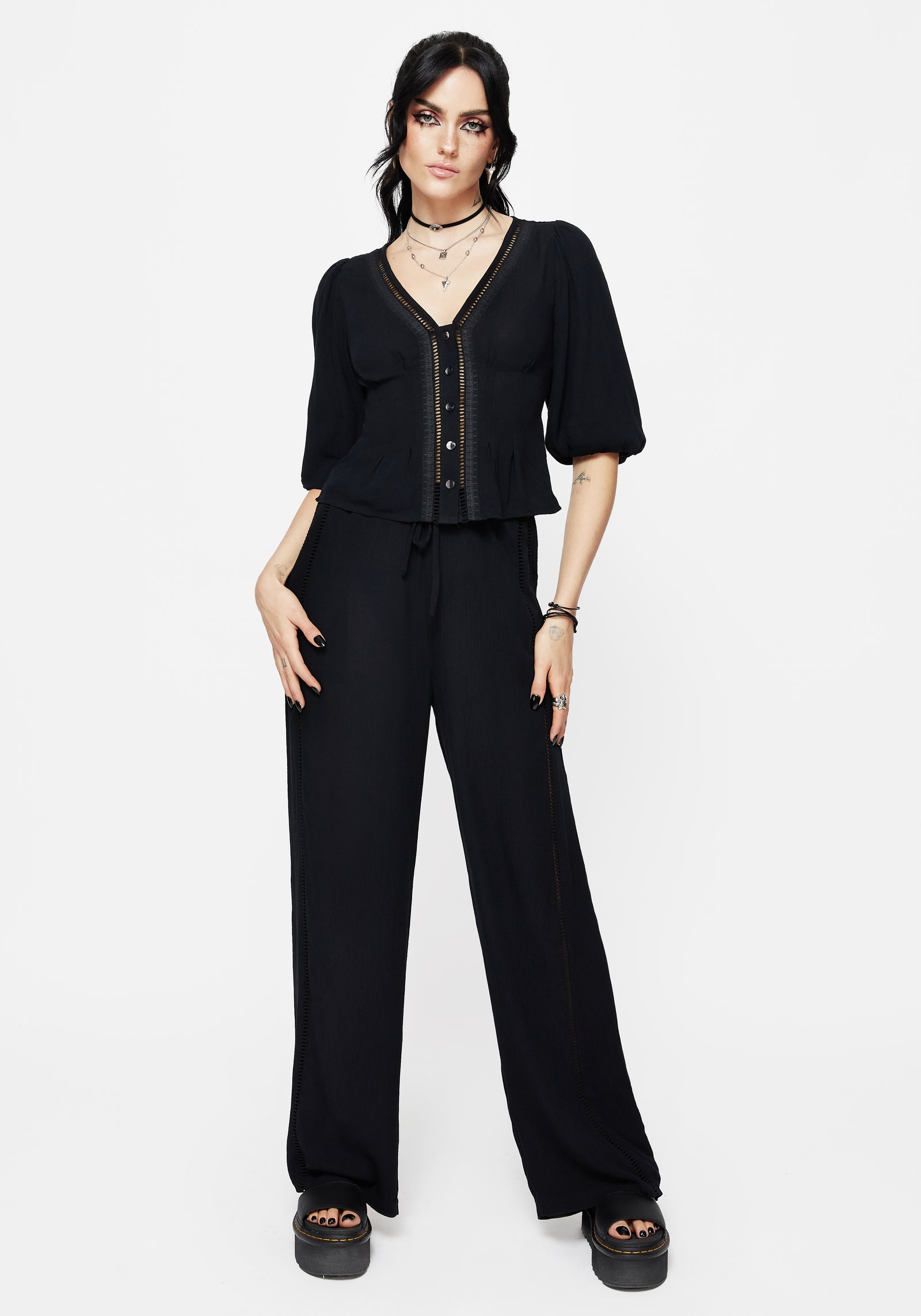 Blessing Lace Trim Tapered Waist Blouse Top