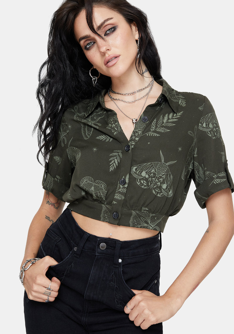 Callopistria Moth Print Short Sleeve Crop Shirt - Green