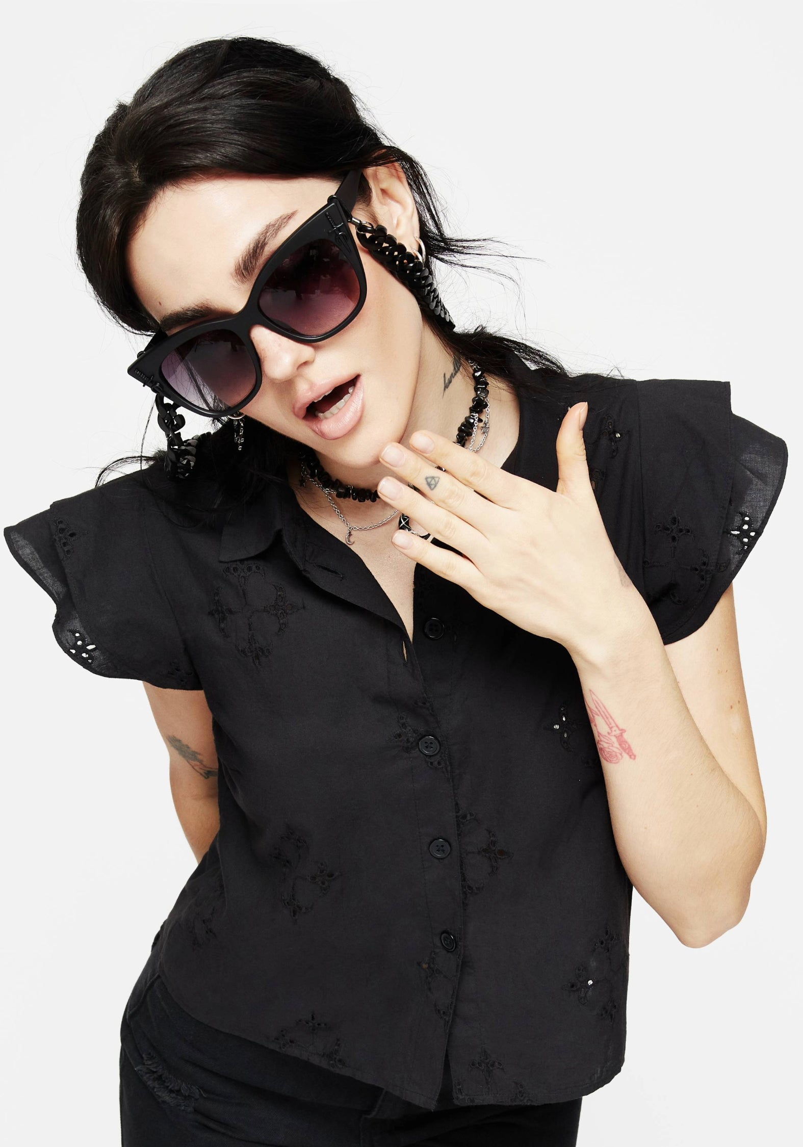 Crux Broderie Cotton Frill Sleeve Button Up Shirt
