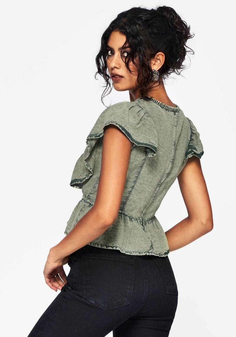 Eartha Embroidered Cotton Frill Detail Peplum Top