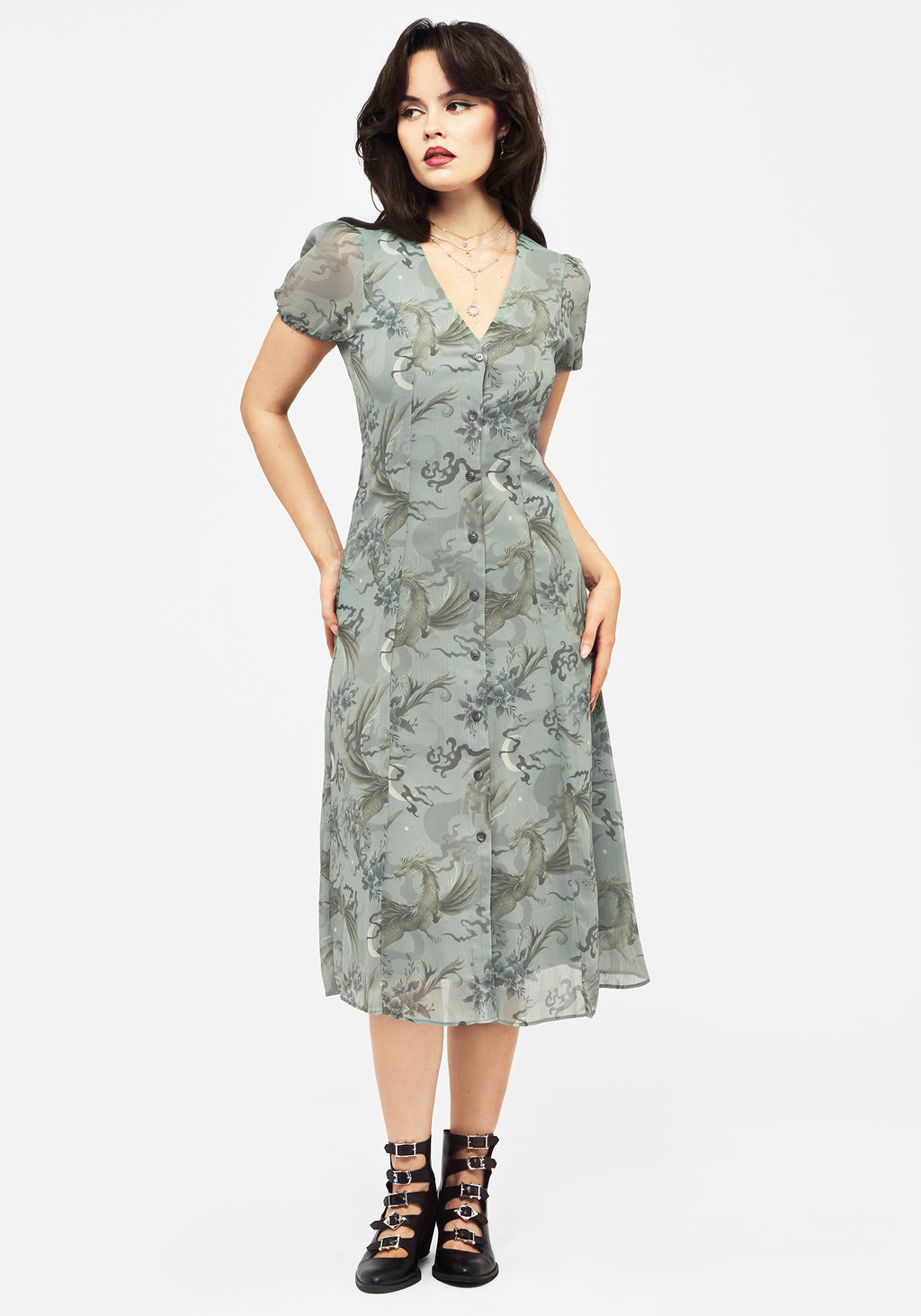 Sapphira Dragon Print Chiffon Button Up Midi Dress | Disturbia - Shop Women's Gothic, Alternative & Dark Romantic Fashion, Accessories & Homeware Sapphira Dragon Print Chiffon Button Up Midi Dress | Disturbia - Shop Women's Gothic, Alternative & Dark Romantic Fashion, Accessories & Homeware