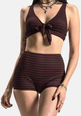 Mire Stripe Tie Detail Bikini Top - Burgundy