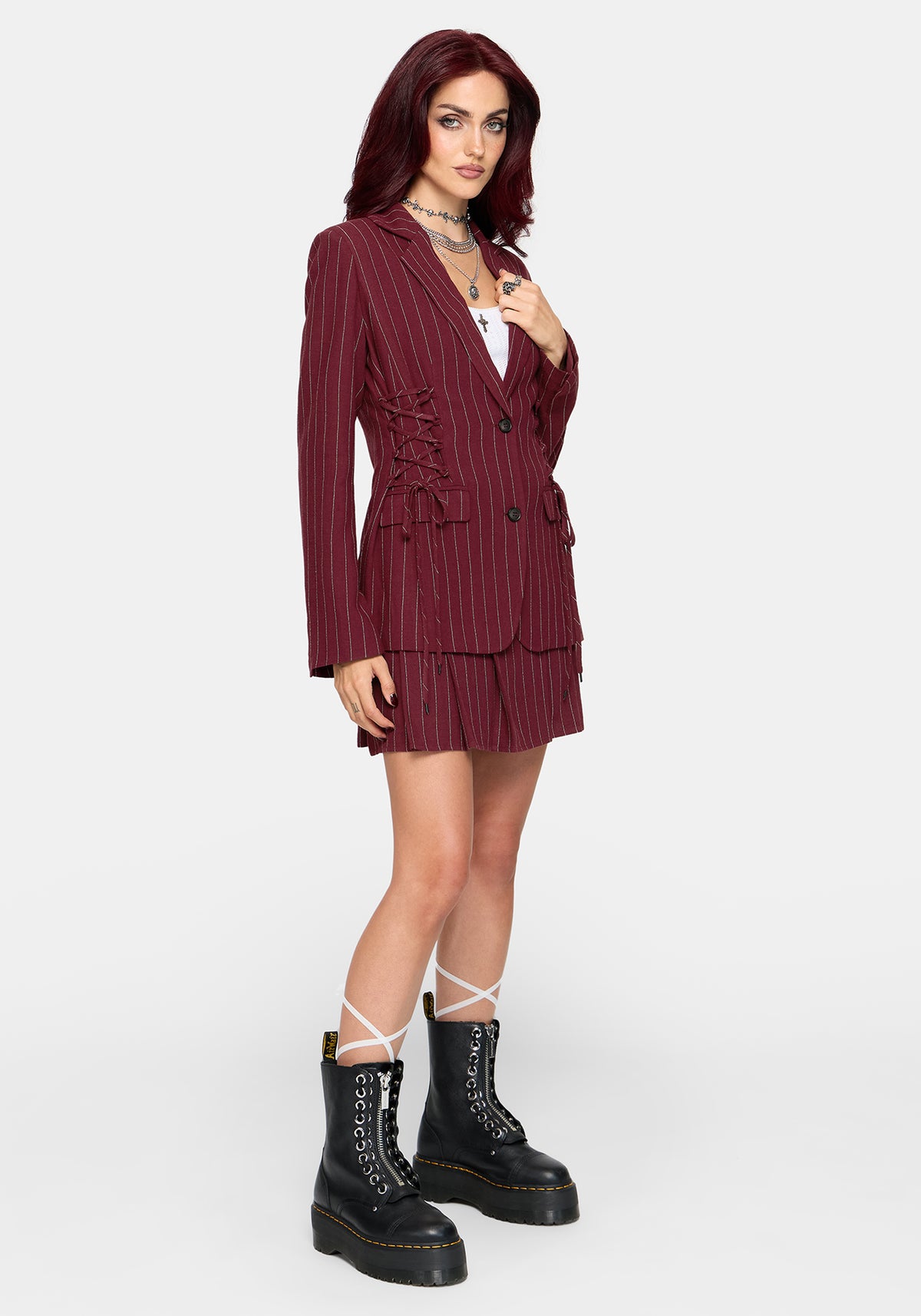 Charli Pinstripe Lace Up Oversized Blazer - Burgundy