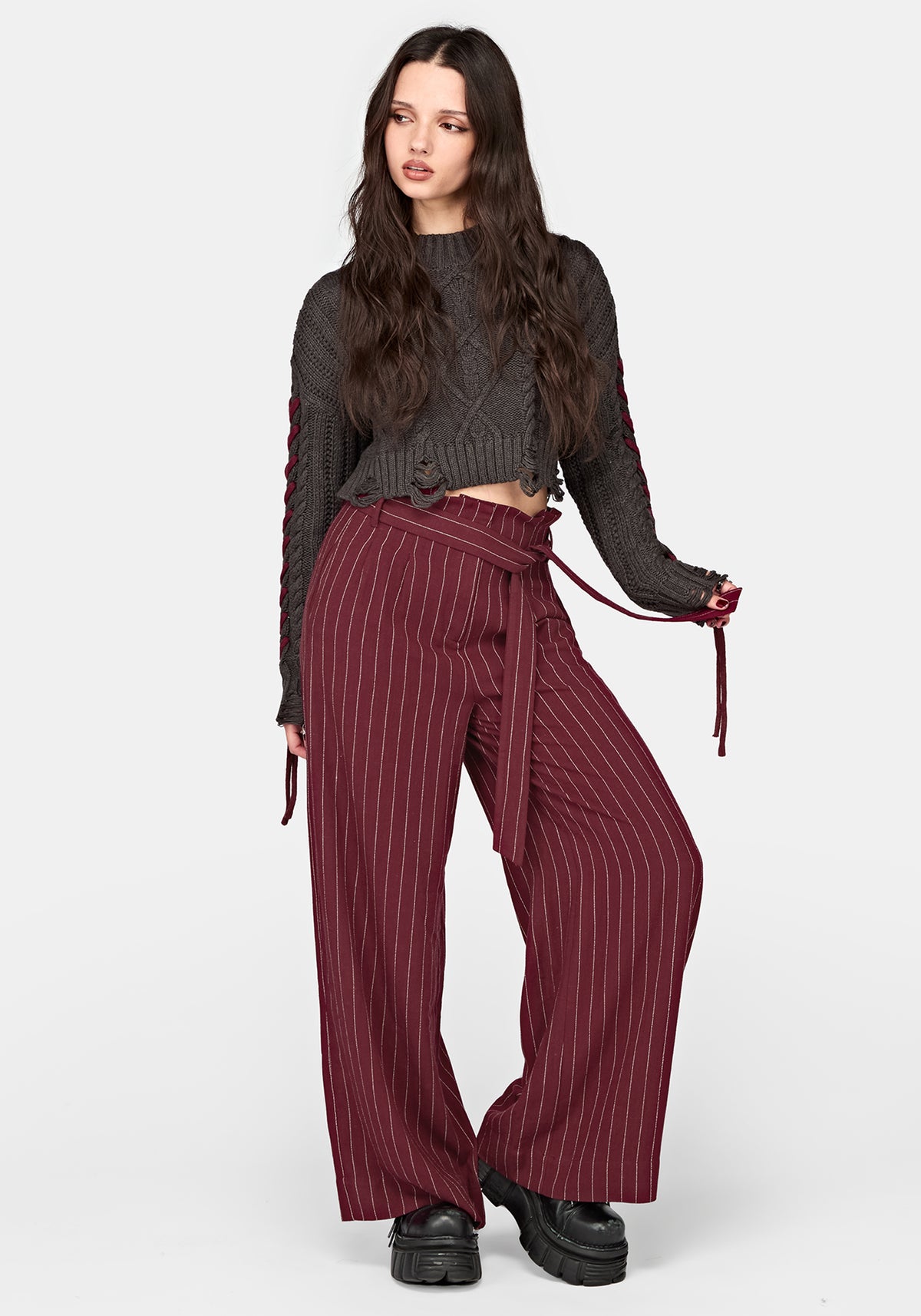 Charli Pinstripe Paperbag Waist Straight Leg Trouser - Burgundy