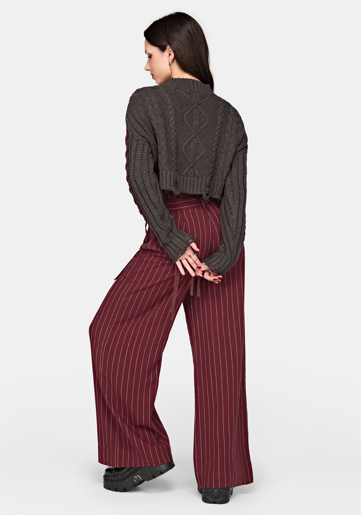 Charli Pinstripe Paperbag Waist Straight Leg Trouser - Burgundy