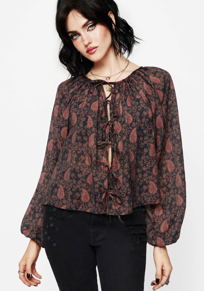 Isola Sheer Paisley Tie Front Blouse