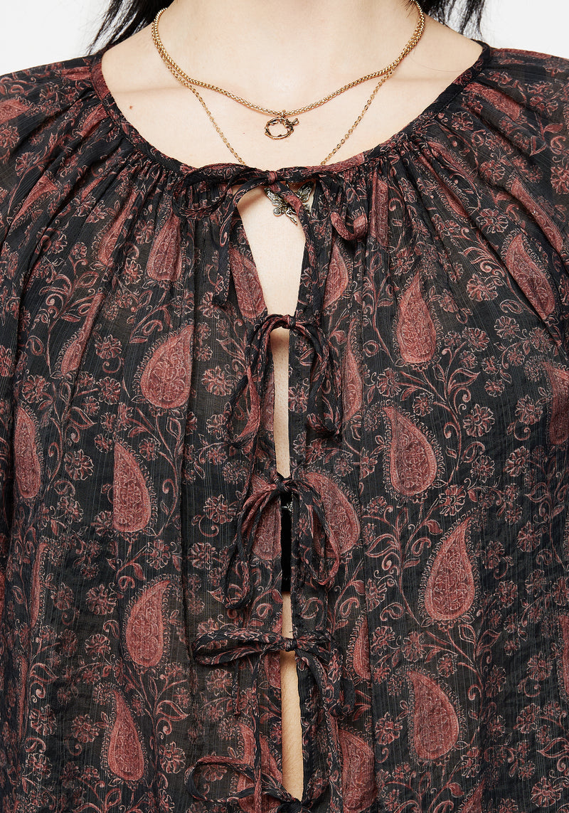 Isola Sheer Paisley Tie Front Blouse