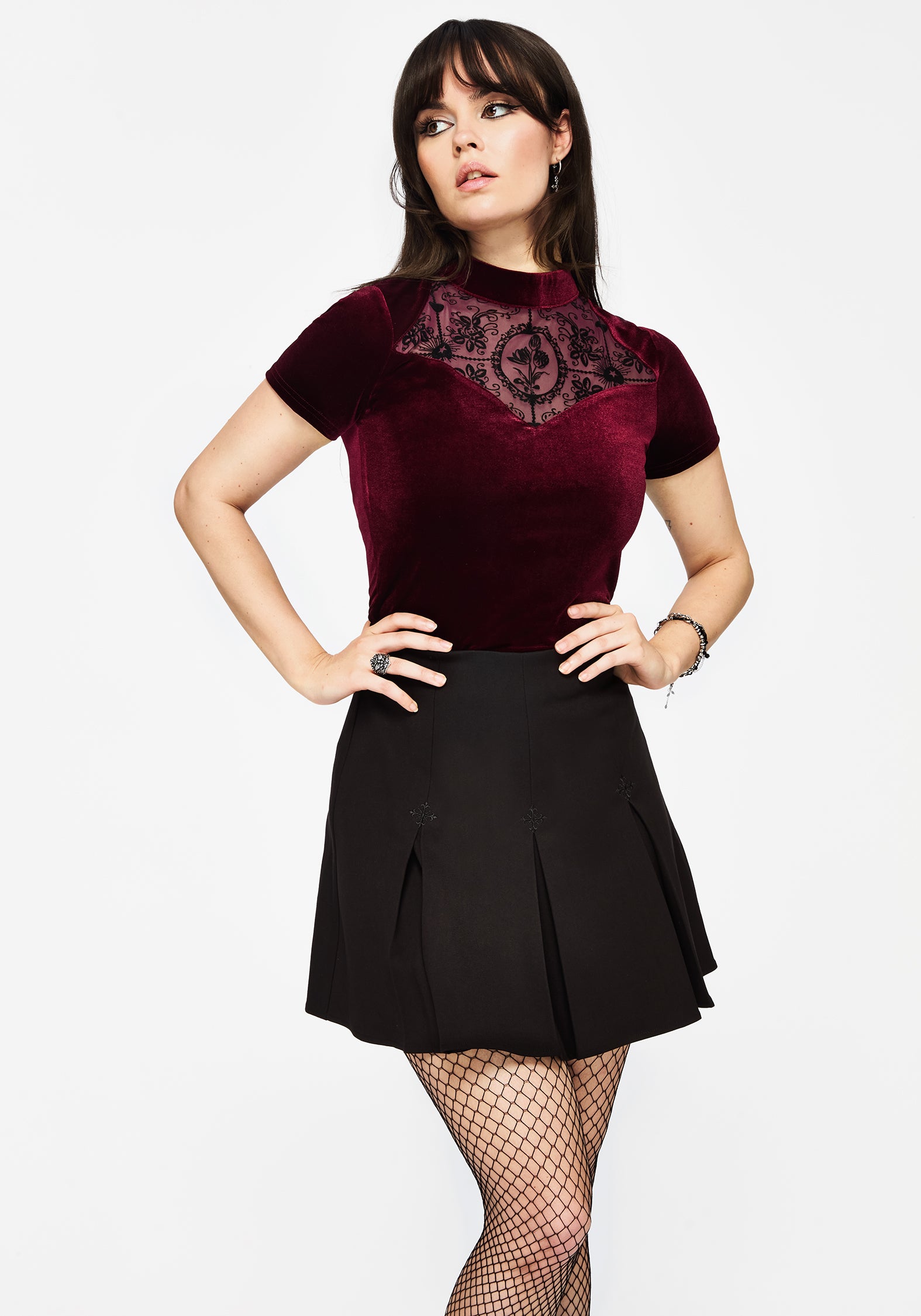 Cameo Floral Flocked Mesh Velour High Neck Top - Red – Disturbia