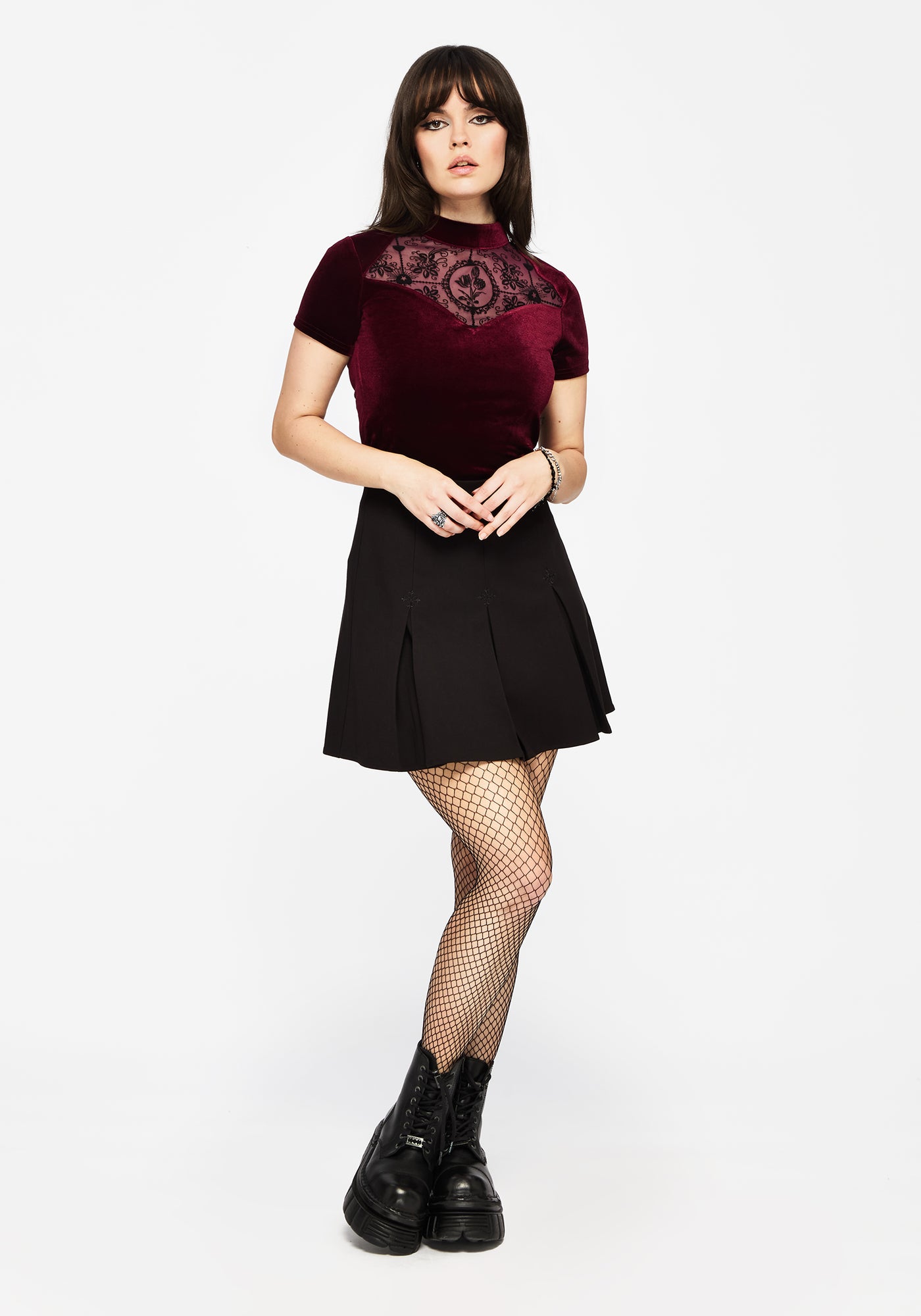 Cameo Floral Flocked Mesh Velour High Neck Top - Red – Disturbia