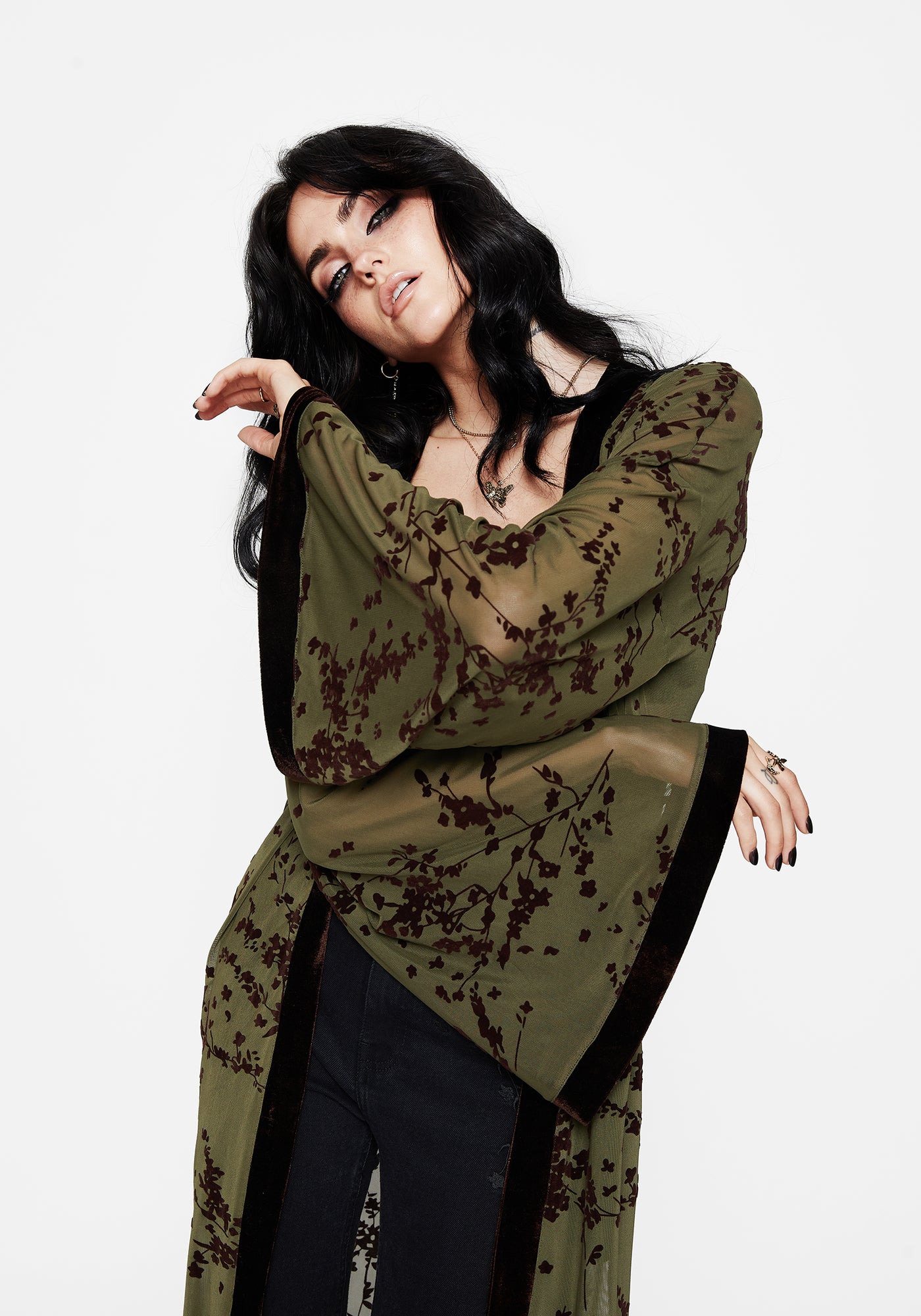 Jael Flocked Longline Mesh Kimono | Disturbia - Shop Women's