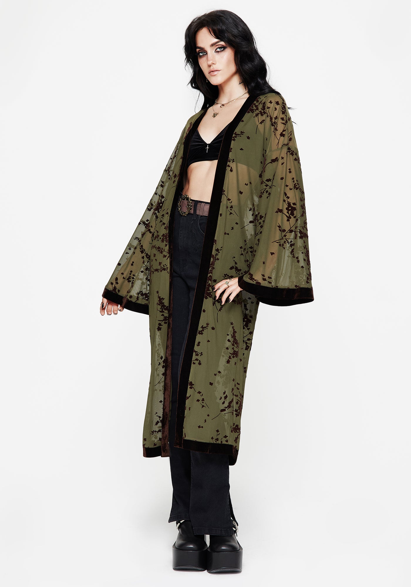 mesh kimono dress Jael Flocked Longline Mesh Kimono | Disturbia
