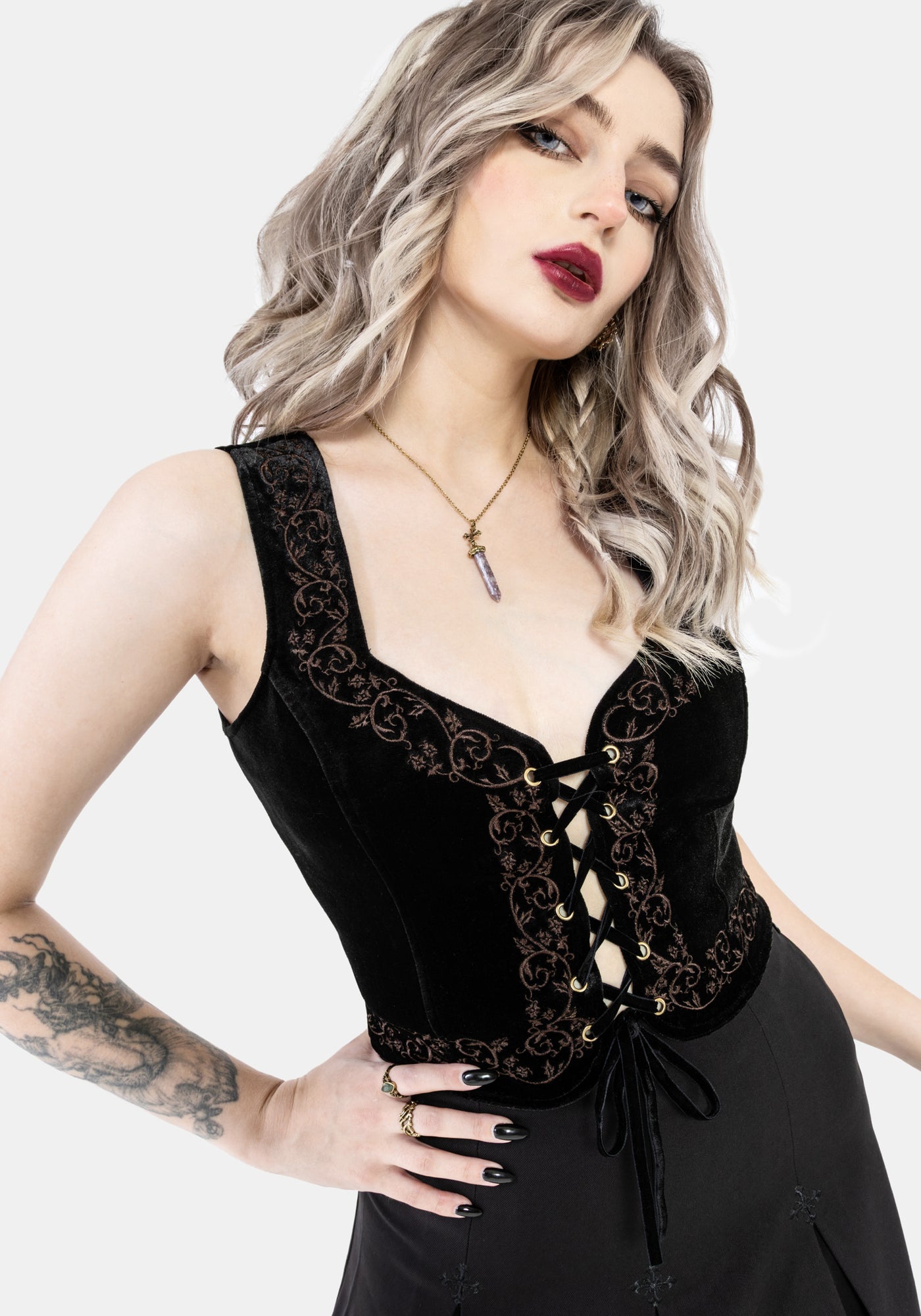Gildra Tie Front Velour Waistcoat Corset – Disturbia