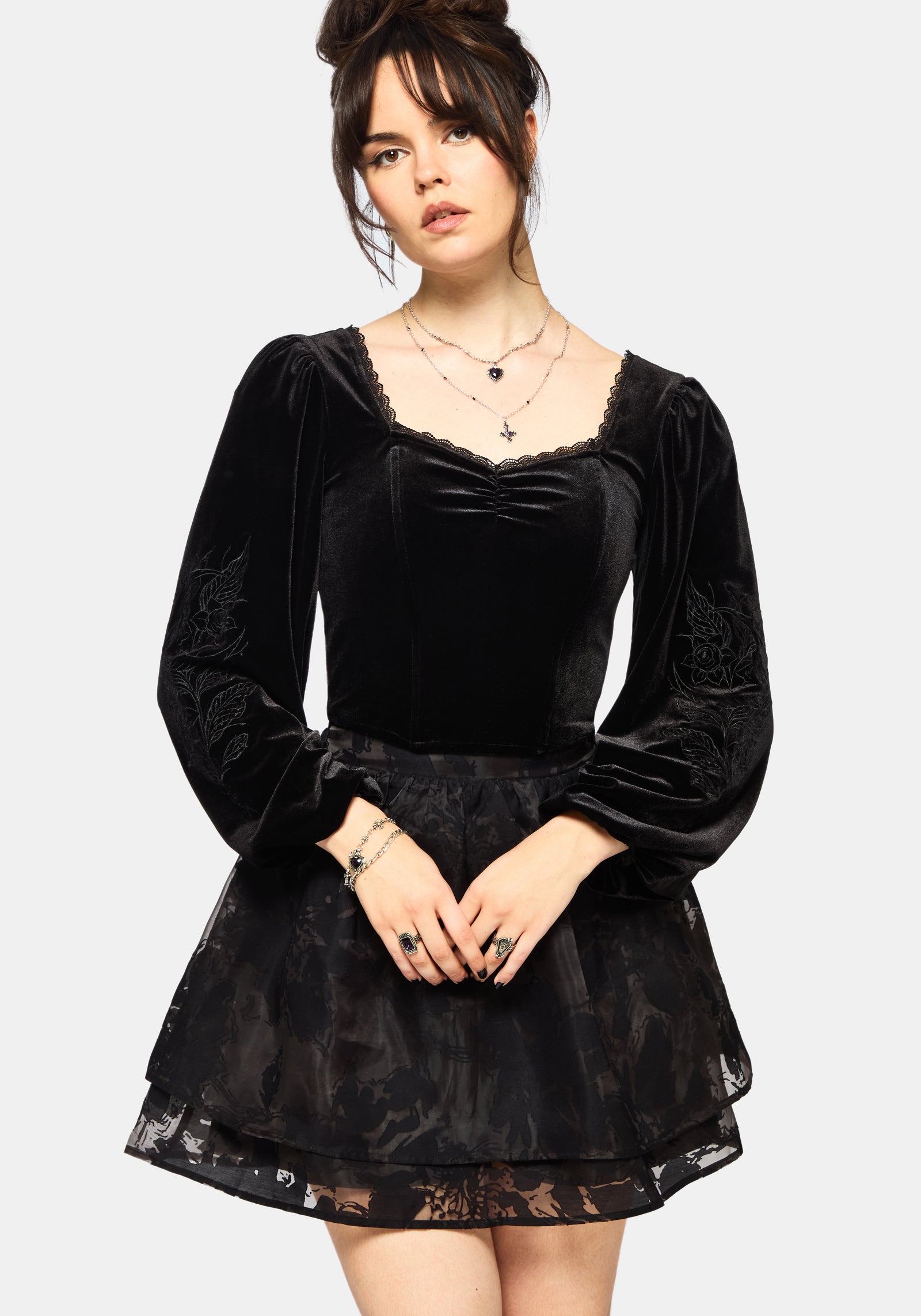Nelle Velour Embroidered Puff Sleeve Corset Top – Disturbia