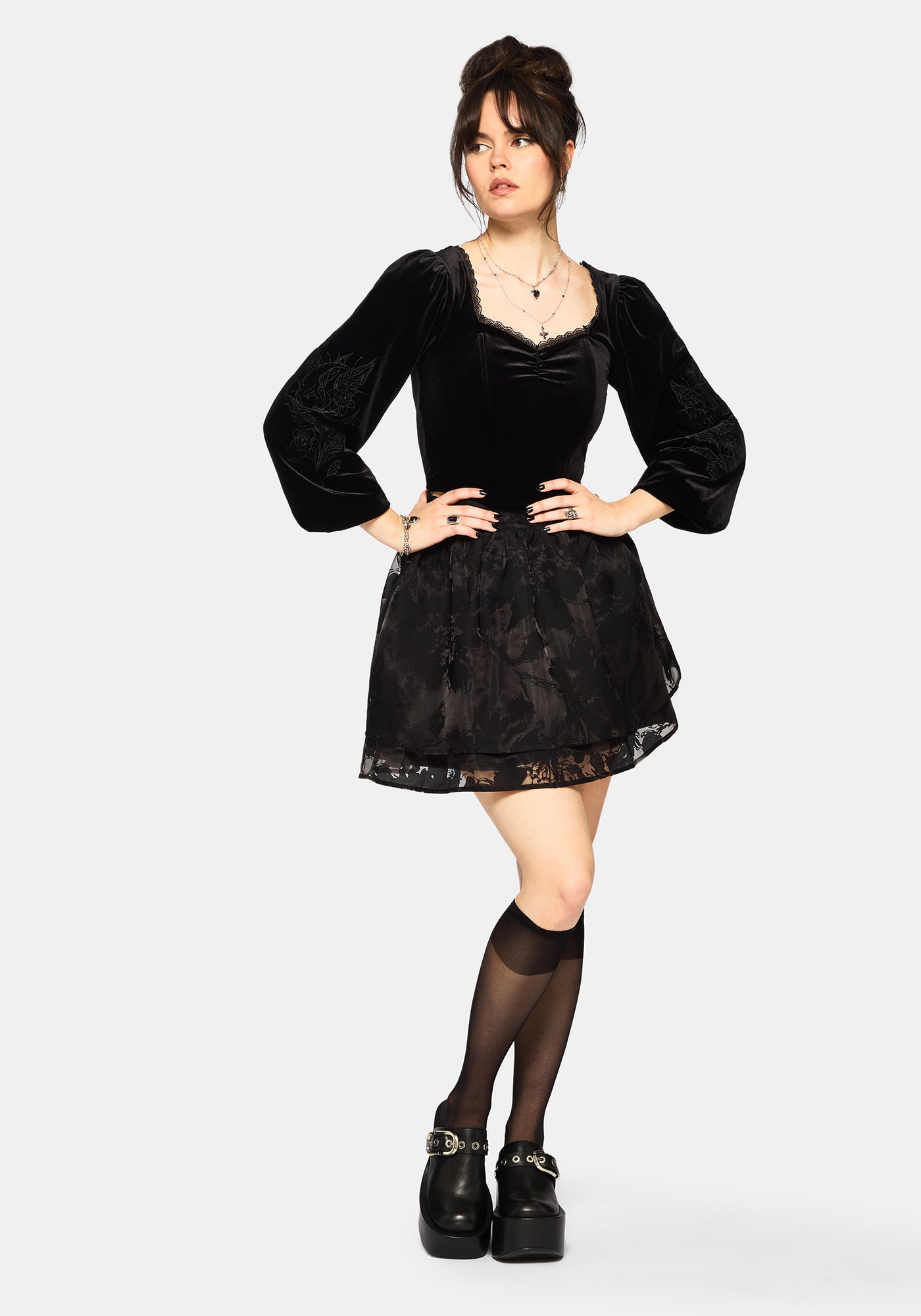Nelle Velour Embroidered Puff Sleeve Corset Top – Disturbia