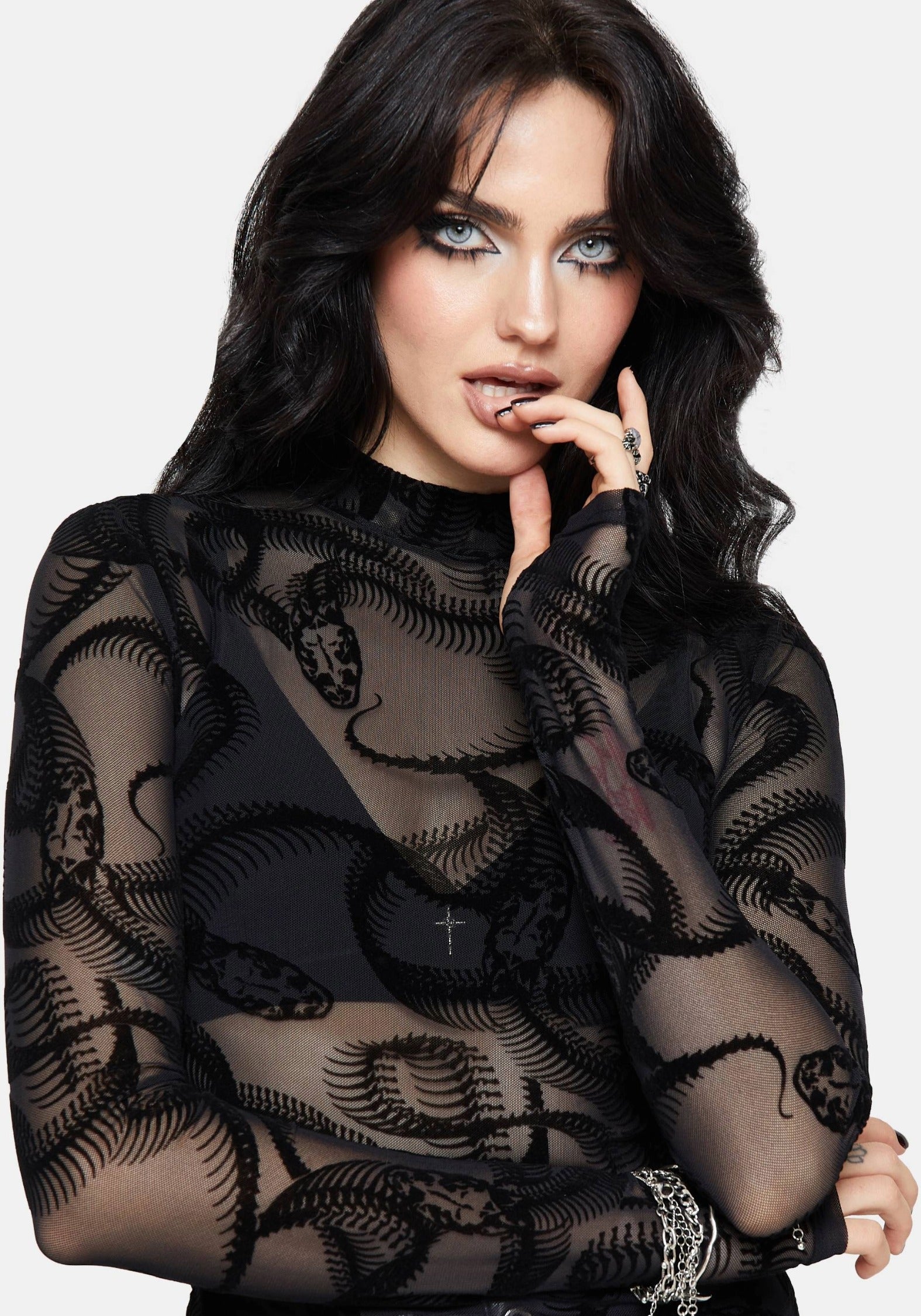 トップス PIXEL BUNNY MESH FLOCKED LS TOP Paleo Flocked Mesh Skeletal Snake Long Sleeve Top – Disturbia